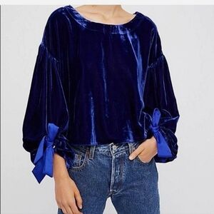 Free People Deep Blue Velvet Tie-Sleeve Top